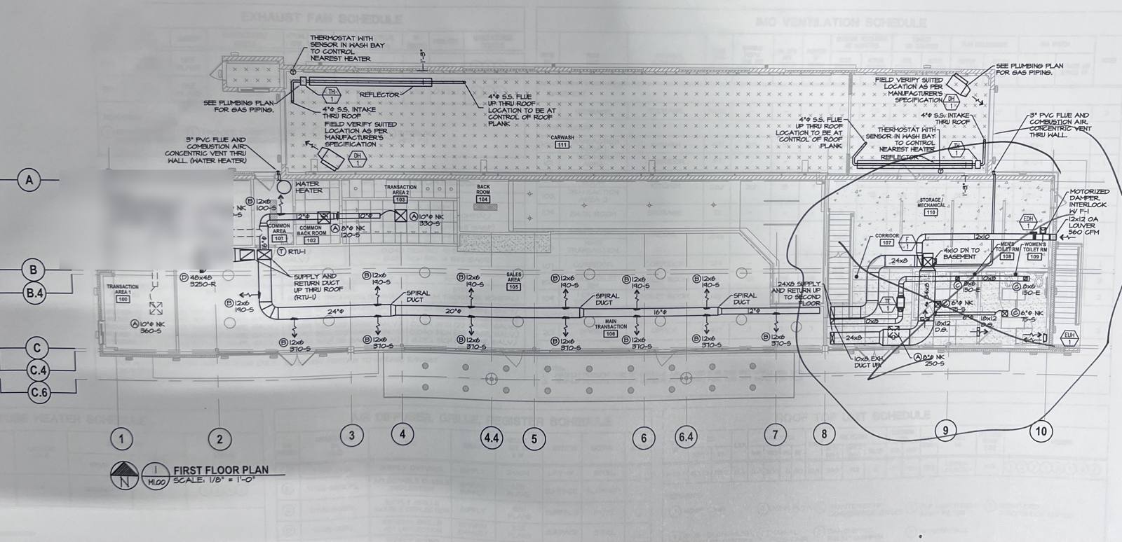 Restaurant first floor plan: spiral supply duct from the rooftop unit