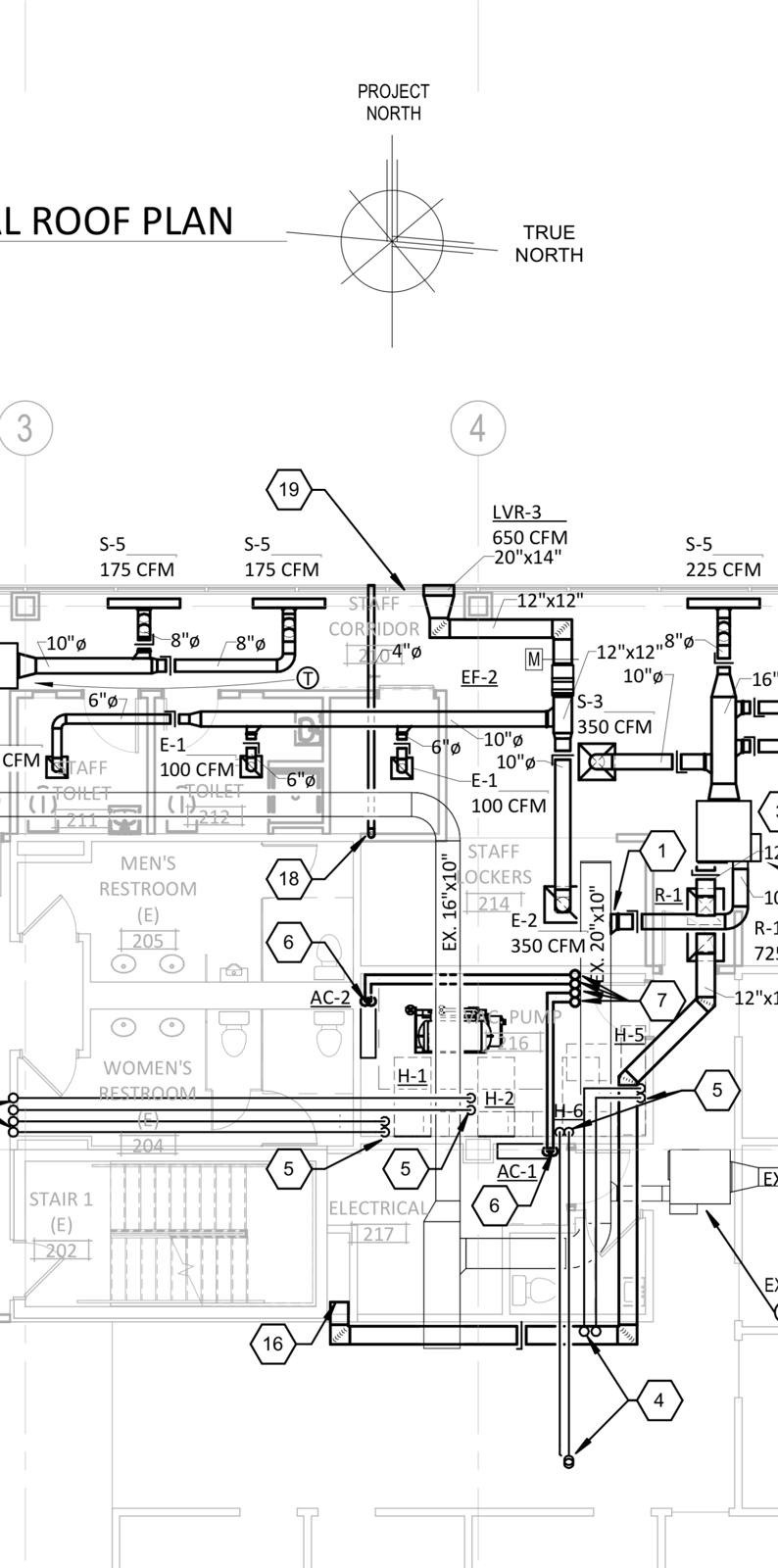 Partial roof plan: exhaust fans, louver and refrigerant lines